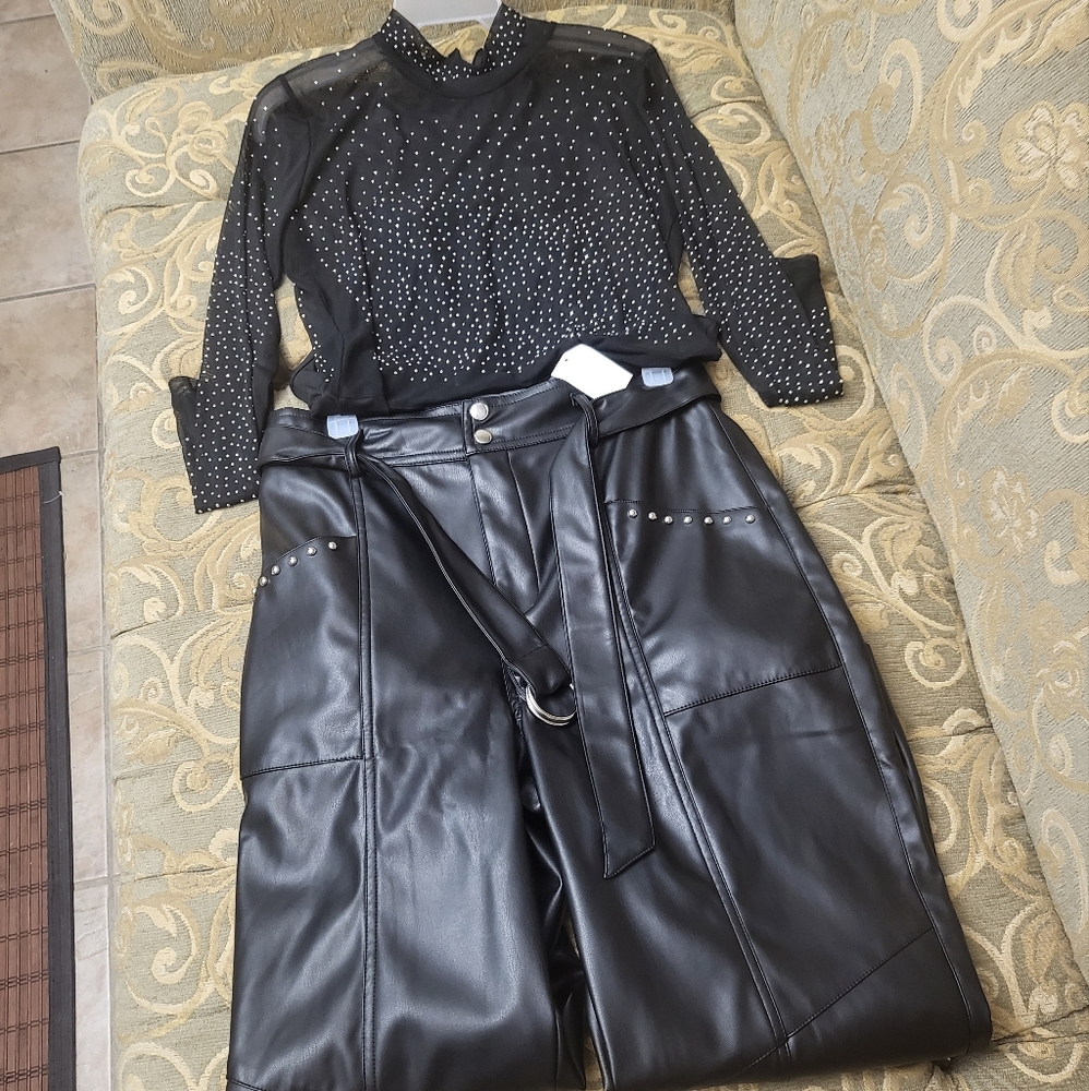 Never worn leather look pants size Large and 2X sequence see through body suit.